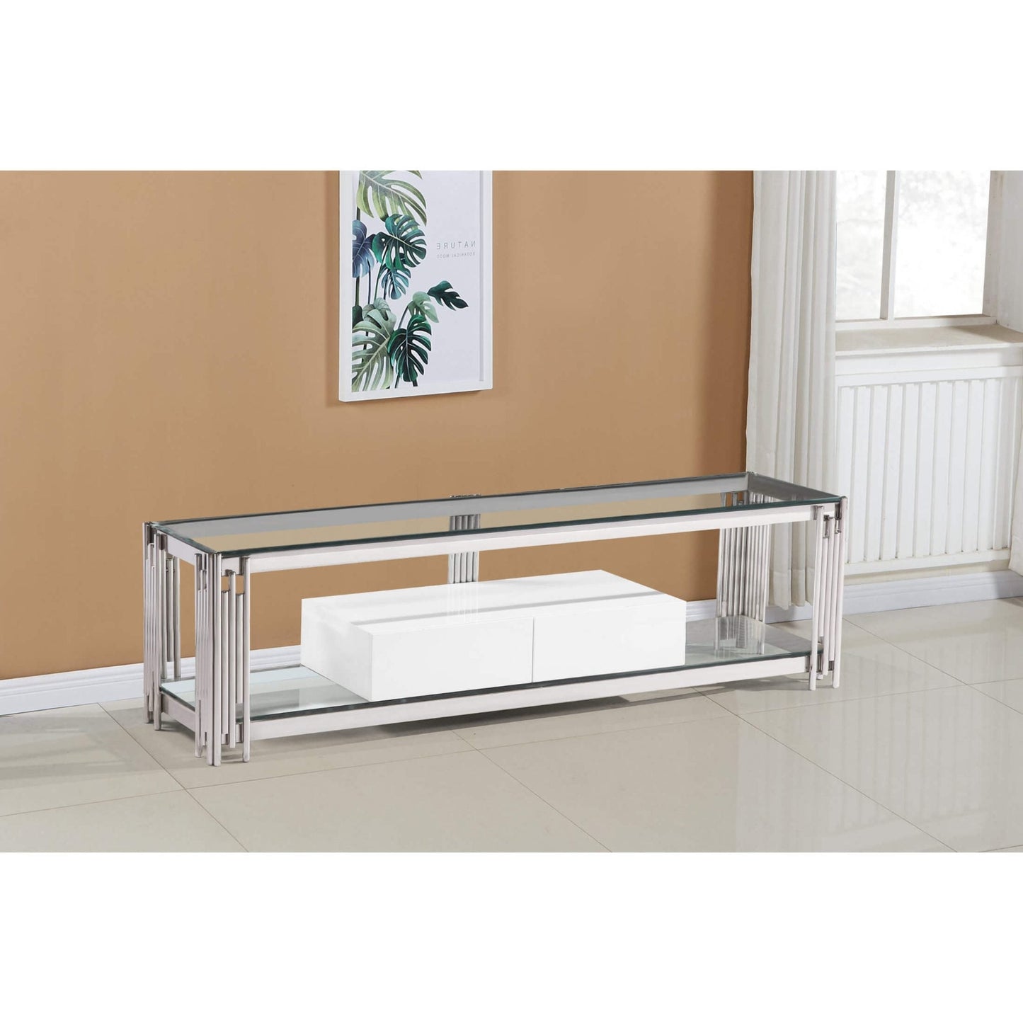 Fulvia Clear Glass TV Unit with High Gloss Drawer White
